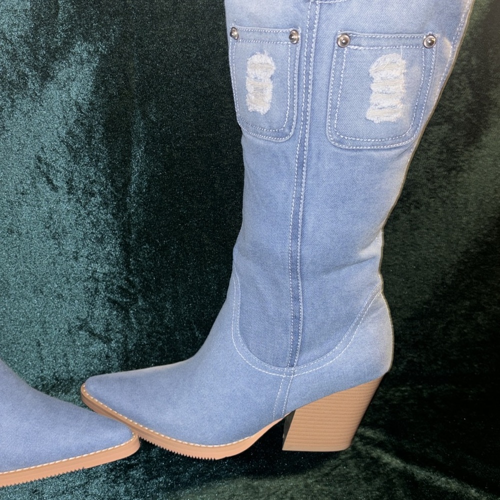 Vivianly Pointy Toe Denim Knee Boots w Chunky Heel Cowgirl Boot, Blue, 10, NWT - Picture 4 of 16